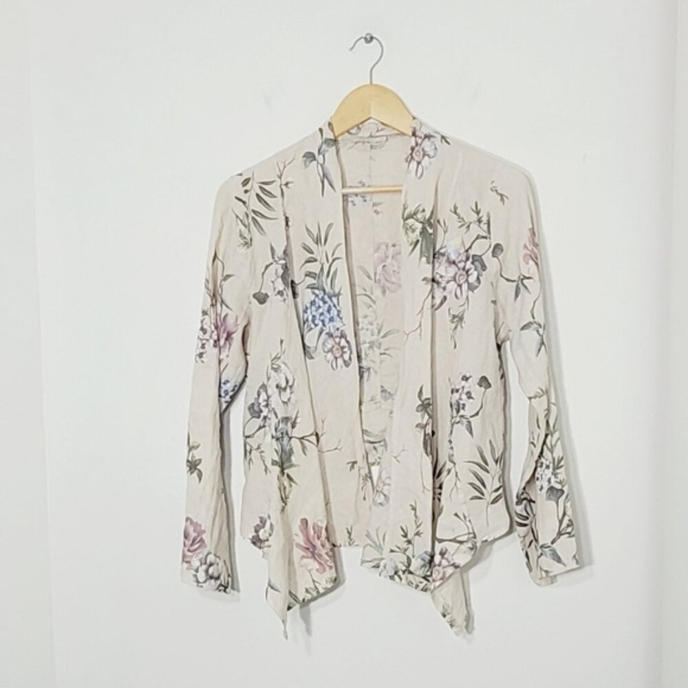 Bellambra Floral 100% Linen Open Cardigan Italy Lightweight Adjustable Sides L